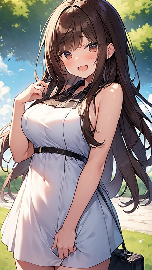 (Masterpiece, Top quality: 1.5), (1 girl, solo), large breasts, standard weight, (brown hair:1.3), (airy hair, wavy hair), long hair ,asymmetry bangs, swept bangs, 12 year old, smile:1.4, flustered:1.1, dynamic angle, dynamic pose, magnificent panorama view, happy:1.2, open mouth, summer:1.3,  __items__ __items__ __items__, cloth with many gorgeous and colorful decorations