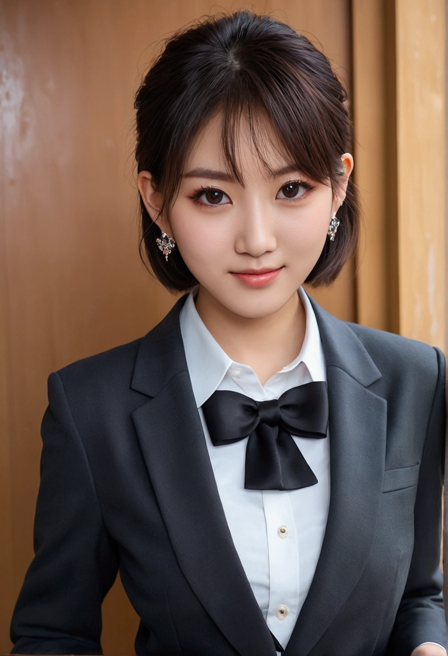 8K RAW photos, high resolution, 21 year old cool Korean, big round breasts, , tie, tie ribbon, blazer, skirt, beautiful eyes in detail, long eyelashes, beautiful double eyelids, eye shadow, slit eyes, sanpaku eyes, dark eye makeup, evil smile, beautiful thin legs, short hair tied at the back, earrings, school staff room big breast