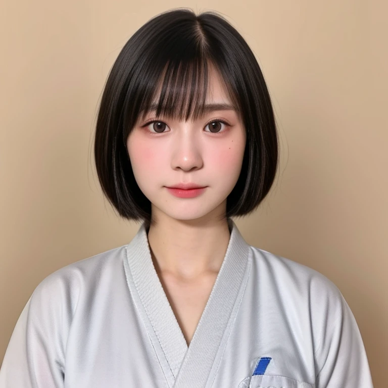 (kawaii 24 year-old Japanese girl, Nogizaka idol, Korean idol, judo player), healthy female athlete body, (glossy black hair, short hair, pixie cut, bangs:1.3), (rounded face, beautiful black eyes, single eyelid, no makeup, serious expression:1.2), (wearing white judo wrestling uniform:1.3), extra small breasts, BREAK, (plain white background:1.2), (facing straight at camera, id photo, yearbook photo, bust shot:1.2), BREAK, (masterpiece, best quality, photo realistic, official art:1.4), (UHD, 8K quality wallpaper, high resolution, raw photo, golden ratio:1.3), (shiny skin), professional lighting, physically based rendering, award winning, (highly detailed skin, extremely detailed face and eyes), Carl Zeiss 85 mm F/1.4, depth of field, 1girl, solo,
