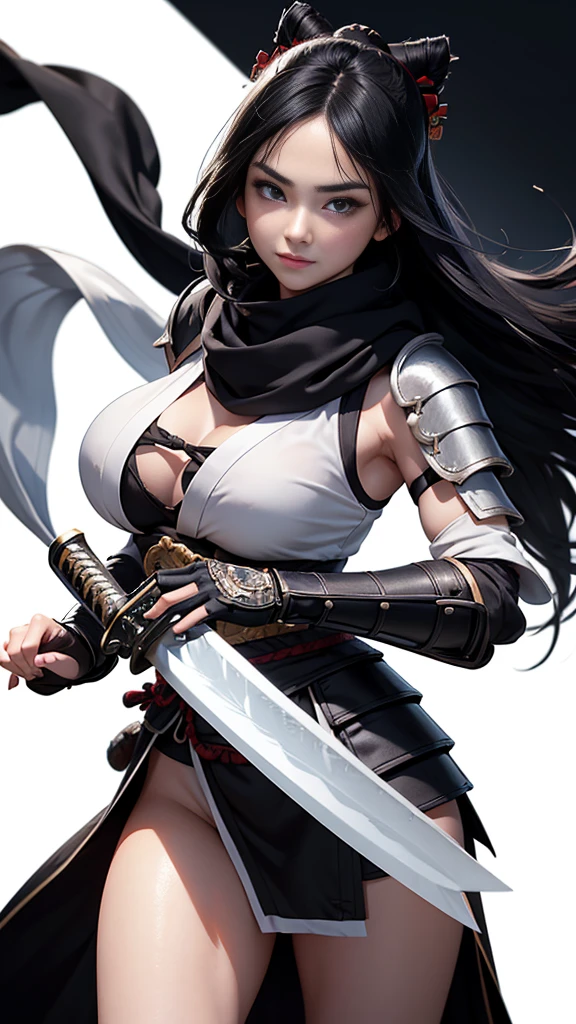 master piece, best quality, ultra detailed, photorealistic, voluptuous, ung girl, fair skin, pale skin, long hair, black hair, smile, mega breasts, gorgeous bluck kimono, cowboy shot, looking up, white background, (Japanese SAMURAI Armor:1.4), (Black armor:1.2)、No exposed skin、(Wearing a long white scarf:1.2)、grasping katana sword, Samurai, fighting stance 、Thick eyebrows、Slit eyes, long bloodstained sword, disheveled long black hair、A proud, black-haired beauty standing on the battlefield beloved by the God of War.
