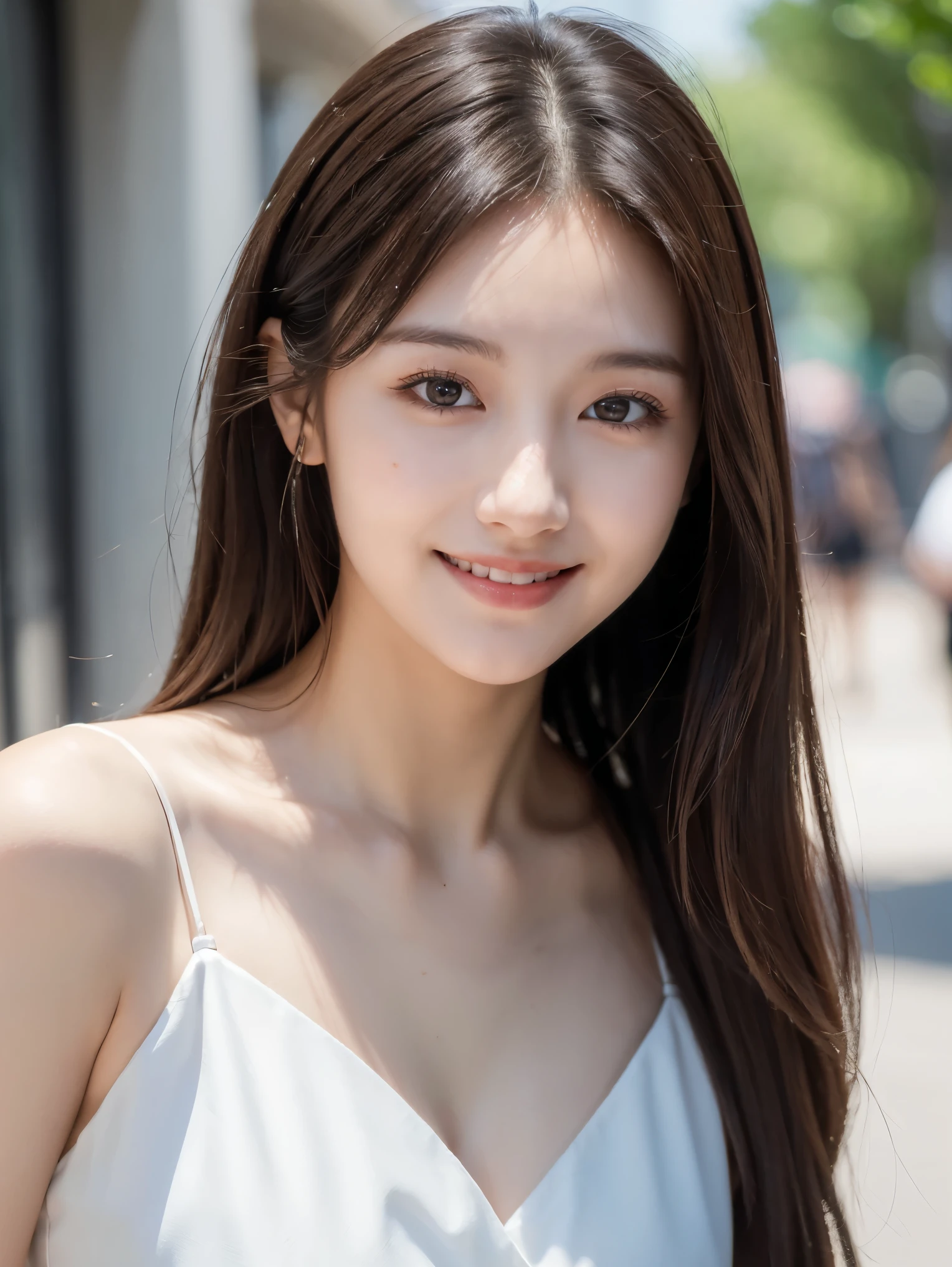 ((best quality, 8k, masterpiece :1.3)), 1 girl, smiling, whole body, face slimming, pretty Woman, (Dark brown long hair), full length white short dress :1.1, Super detailed faces, delicate eyes, double eyelids, Normal chest, blurred background, face slimming, City, external, street, Random body orientation,
