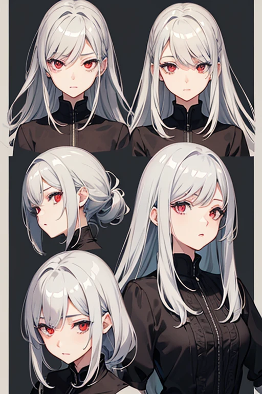High resolution, detail, 高いdetail, Shortcuts, Gray Hair, Grey Hair, Silver Hair, chest, Open your mouth, Red eyes, Multiview, accessories, Illustration, Anime Style, Character Design, three views, Overall view