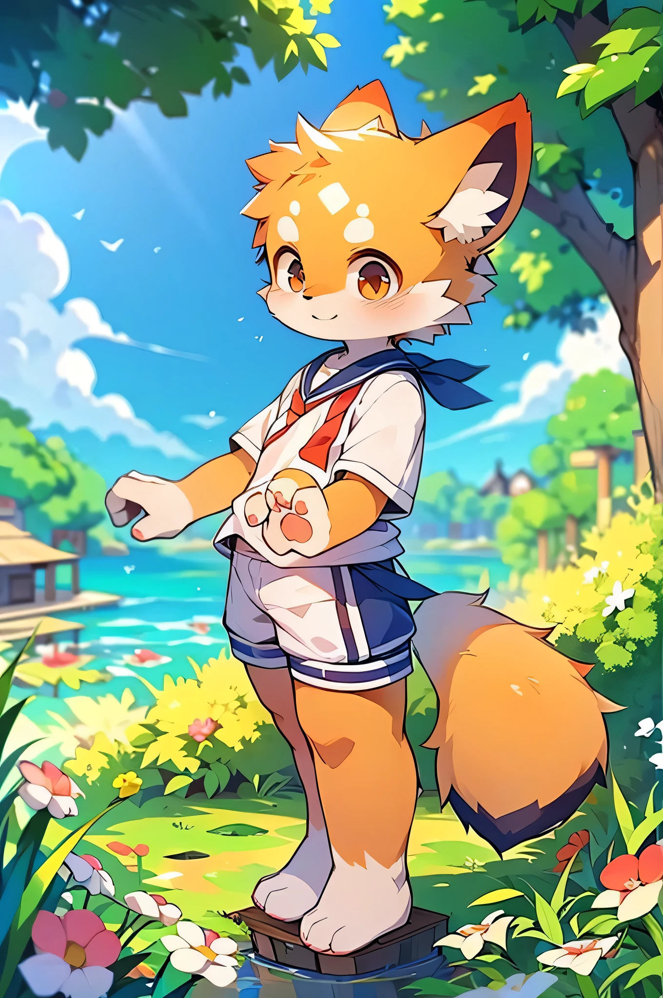 Red Panda,man,Characteristics of Sailor Suits,super high quality, Very detailed,High resolution,Cute art style in anime,Rice field scenery,(Cheerful teenager,13 years old:1.3),alone,single,man with beautiful face,stand,(tall),tall,