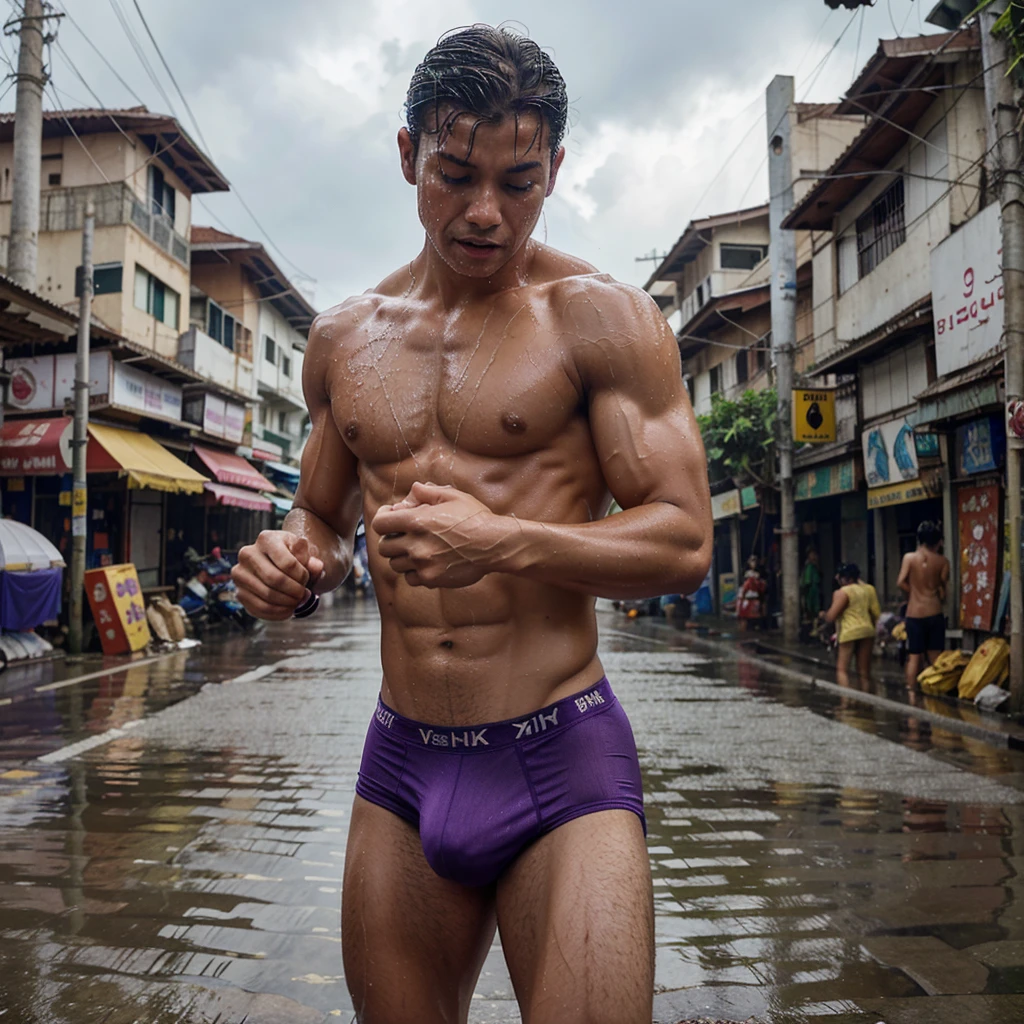 In the middle of a street in Thailand during the rainy season, there are many men falling from the sky in the background. Everyone was wearing purple underwear, thin fabric, wet with water, showing their muscles. like an underwear model Not wearing a shirt, lean body, -18, full sky