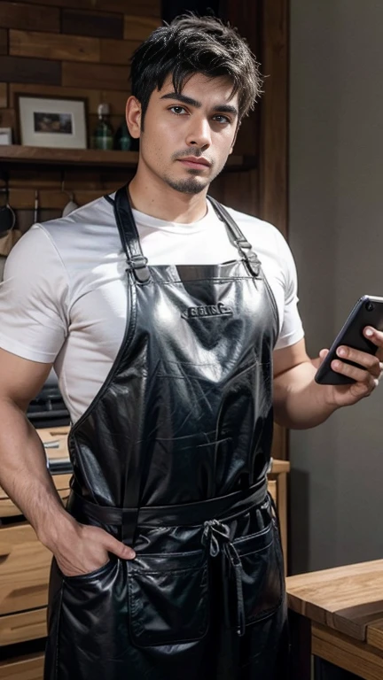 carpenter named Jose, a healthy, strong man with a leather apron, with a determined attitude looking at the cell phone he has in his hands