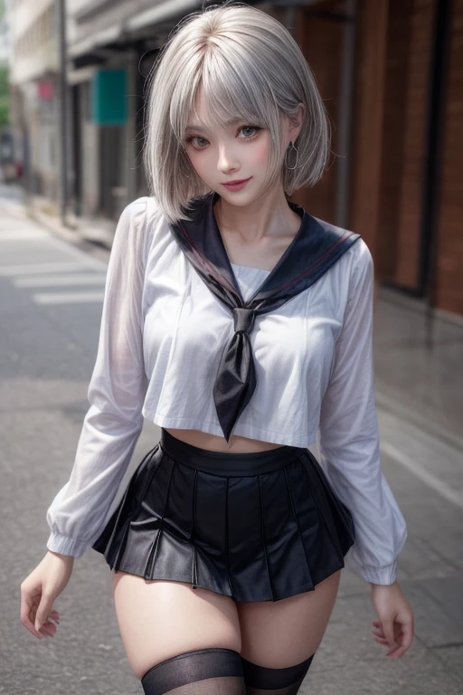 black serafuku,long sleeves,skirt,thighhighs,jewelry,earrings,standing,
best quality, highly detailed, masterpiece, absurdres,8k, photorealistic, realistic,detailed skin texture,detailed pupils,HDR,natural lighting,
1girl,solo,(happy:1.1),(scornful smile:1.2),shorthair, silver hair,(angular face:1.2),shiny face, thick thighs, juicy thighs, narrow waist, lip makeup,