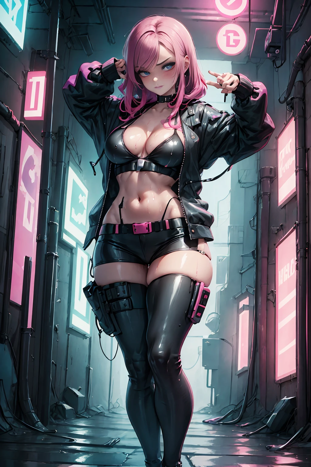 (masterpiece, Best Quality, High resolution, Fondo de pantalla de unidad de 32K, Extremely detailed CG:1), (weak illustration on stage:1.0), ((1 young and beautiful and sensual cyberpunk woman:1.5 pose sensual:1.7 )),(( cyberpunk night city:1.4)), neon signs futuristic cars,dark place rain, ((wet clothes magenta neon lights perfectly illuminating the young man:1.45) . 32K