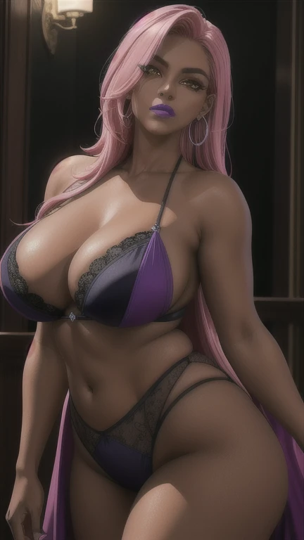 (masterpiece, highres, best quality:1.3), 8K, highly detailed, intricate, colorful, vibrant image, sharp focus, digital blending, 4K, trending on pixiv Ingrid, (negligee), solo, mature female, 40yo, milf, curvy, (dark skinned female:1.15), dark skin, posing, (caring look:1.2), looking at viewer, cowboy shot, pink hair, very long hair, forehead, hair intakes, purple lipstick, makeup, mole under mouth, yellow eyes, perfect eyes, perfect face, ultra detailed hair, ultra detailed face, earrings, ultra detailed lips, large breasts, ultra detailed lipstick,