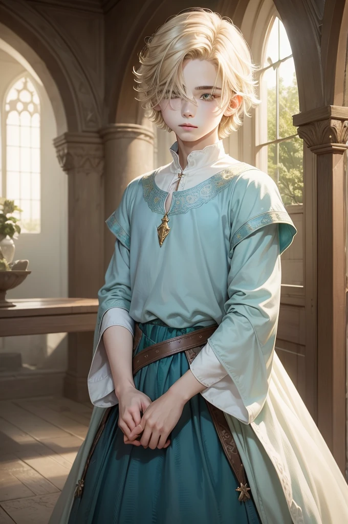 medieval fantasy, 1boy, delicate and slight young male diviner, short, ************, boyish charm, youthful appearance, ethereal grace, pale skin, large expressive green eyes, look of vulnerability and curiosity, sandy blonde hair, hair over eyes, shy, nervous, timid, simple yet elegant wizard clothes of muted colors, favoring soft blues and greens