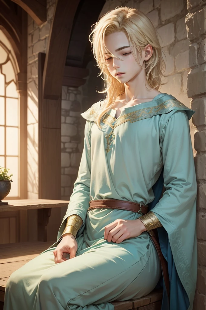 medieval fantasy, 1boy, delicate and slight young male diviner, short, ************, boyish charm, youthful appearance, ethereal grace, pale skin, large expressive green eyes, look of vulnerability and curiosity, sandy blonde hair, hair over eyes, shy, nervous, timid, simple yet elegant wizard clothes of muted colors, favoring soft blues and greens