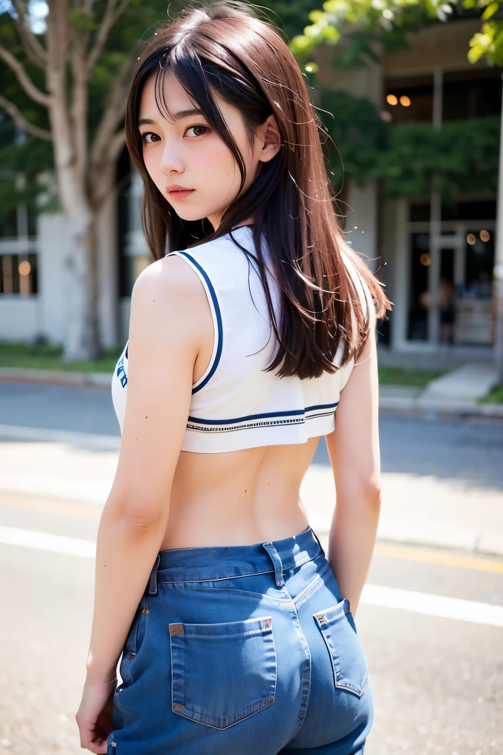 Highest quality, masterpiece, 1 girl, 14~18-year-old, Beautiful Face, Realistic, High resolution,School, Student Uniform,sexy,back