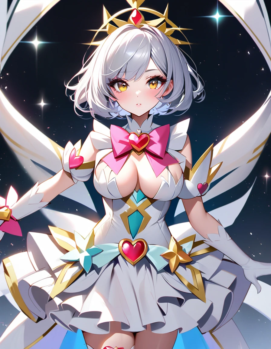 cure holy(magical girl, cool beauty, middle breast, tiara, short hair, silver hair, gold eyes, simple white dress, white long boots, white opera gloves,)