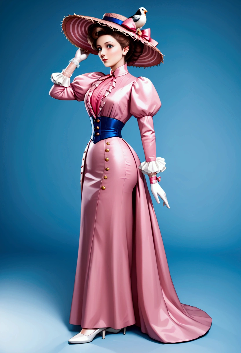 Year 1898. Humanized Minnie Mouse as a pretty, flirty girl. 1890s fashion. Victorian high-collar navy blue dress with (((long puff sleeves cuffed into wrist-high white silk gloves. )))Powder blue sash cinched around her waist. Navy blue ankle-length skirt. (((Pink straw boater hat with a stuffed white bird held on top and a veil in the front))). Long brunette hair (((tied into a bun enclosed in a net))). Wasp waist. (((Bubble butt sticking out))). Petticoats. Thigh-high silk stockings. High-waisted open bloomers. (((White high-heel button boots:1.2))). 1890s fashion. Victorian park setting