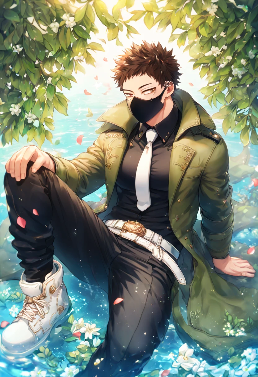 Ultra detailed, HDR, Highres, absurdres, master piece, Overhaul, dark brown hair, short hair,
short bangs, expressivee brown eyes, green coat with fur, black shirt, white necktie, black pants, white belt, white shoes, Boku No Hero Academia, black mask, sexy man sitting, handsome, flowers, petals, fantasy, magical, green leaves, summer, handsome, sensual, best quality, glittering, solo, manly man, water