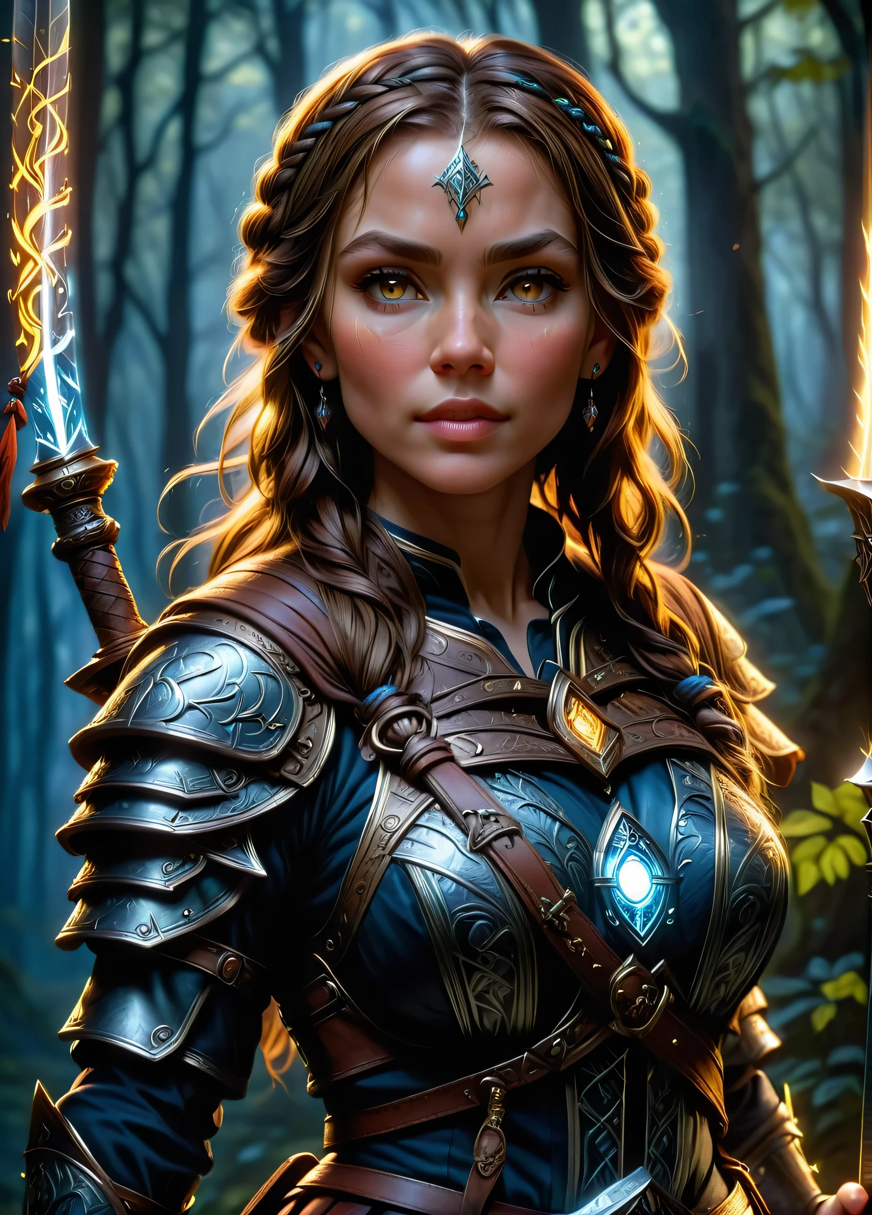 grizzled human adventurer warrior, mature female focus, (braided brown hair: 1.1), (scar on the face: 1.0), guild symbols and standards, fantasy ethereal dark forest at night, holding an iron sword, Accurate shot, ((looking ahead at viewer:1.2), (from sideways:0.8)), Full Armor, Athletic, Volumetric lighting Dynamic lighting, real shadows, vibrant contrasting colors, Stephen Hickman and Stan Manoukian style, ultra realistic, work of art, high qualiy, high resolution, sharp focus, intrikate, sharp details, highy detailed, rich colour, 8k,