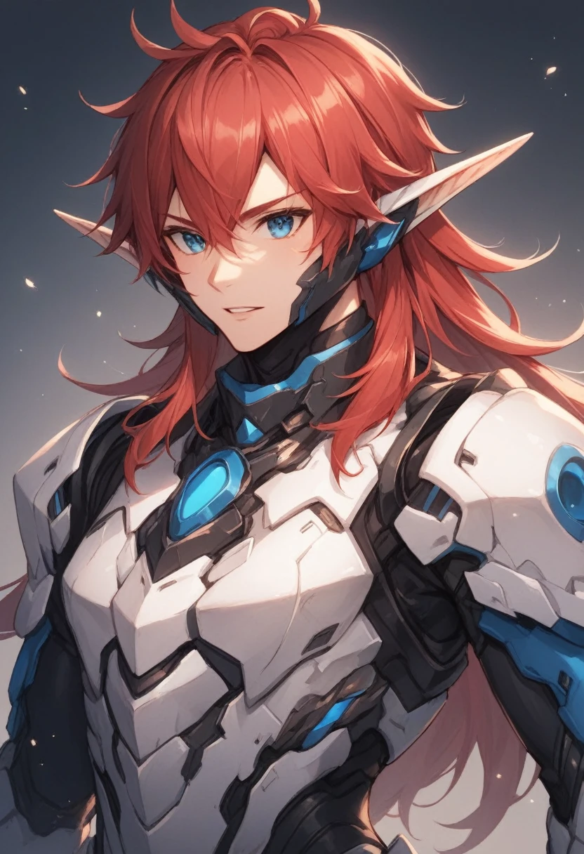 a mecha elf Boy with white skin, red hair, blue eyes.