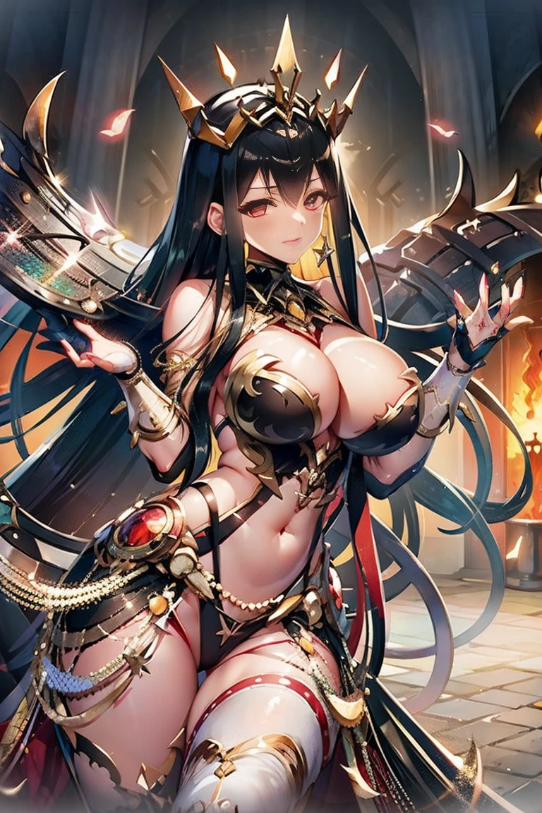 tiara, dress, showgirl skirt, long hair, black hair, red eyes, hair between eyes, cleavage, large breasts, bare thighs, bare shoulder, thighighs, panties, navel, sleeveless, midriff, perfect hands, perfect fingers, acuurate fingers, super fine illustration, best quality, ultra detailed, masterpiece, masterwork, by famous artist, official art, exquisite, beautiful, bare fingers, fingers skin, both arms, two arms, both hands, two hands, bare hands,