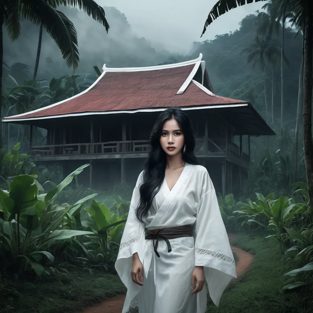 Ultra-detailed, masterpiece, (best quality:1.5), (high resolution:1.5), (midnight: 1.5)in the gloomy night. foggy, low key, a zombie woman in the dark, wearing white slubby long cloth, long black hair, crawling coming out from the terrain in front of a Malay house in the night. traditional Malay village house in distance. background of tropical forest and a mountain.