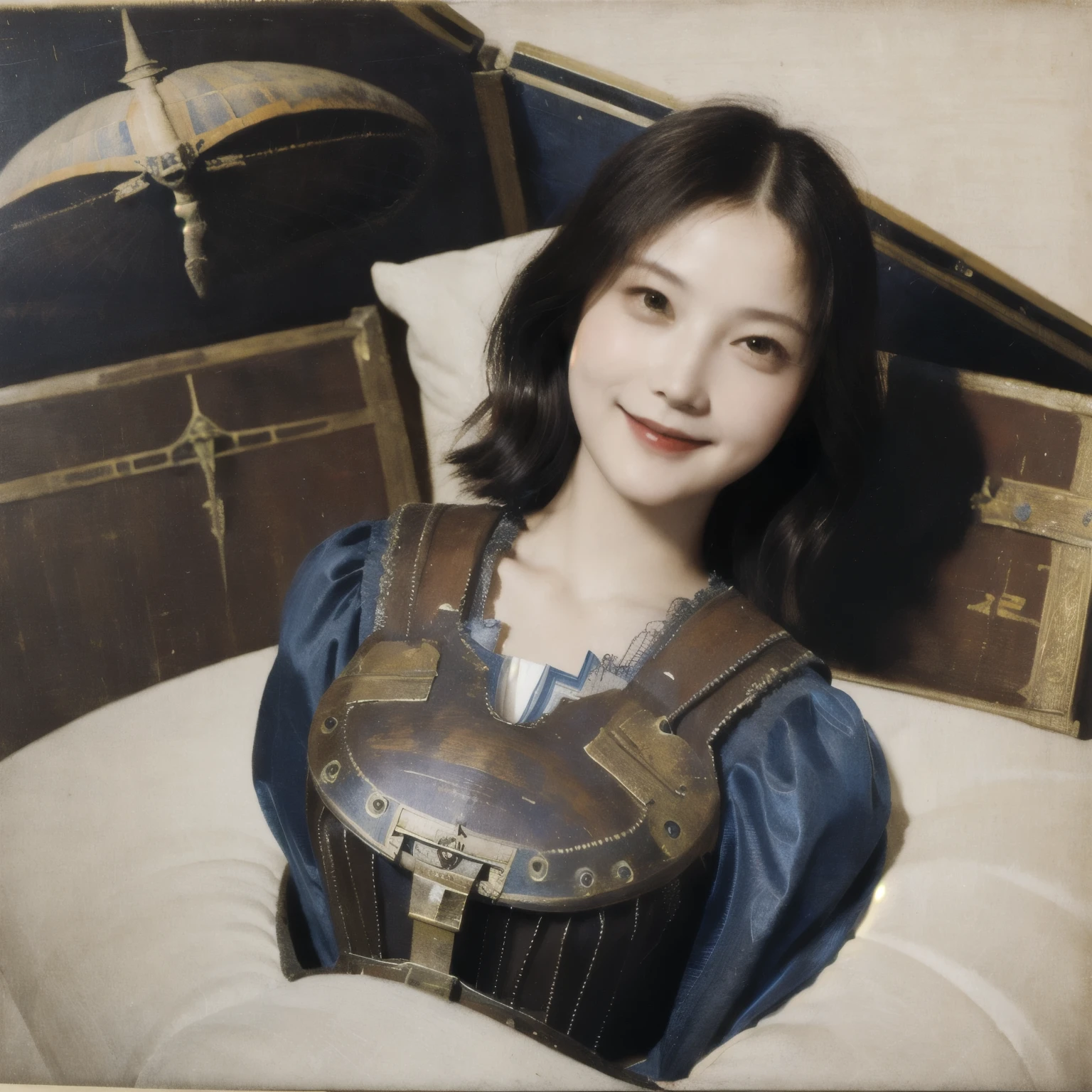 263 20-year-old female,(Short Hair 46),(chest:1.5),Old-fashioned smile,(Paintings by Leonardo da Vinci),(airship,Blueprint)
