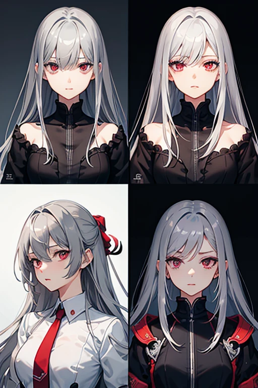 High resolution, detail, 高いdetail, Shortcuts, Gray Hair, Grey Hair, Silver Hair, chest, Open your mouth, Red eyes, Multiview, accessories, Illustration, Anime Style, Character Design, Overall view、girl、