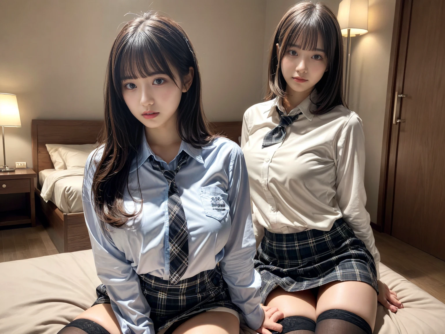 masterpiece, best quality, illustration, Super detailed, fine details, High resolution, 8K,wall paper, perfect dynamic composition,(Details High quality, realistic depiction of eyes:1.3), (3 girls), (white school shirt :1.2), (plaid skirt :1.3), tie black, black thigh-high stockings, sitting, open legs, short bob hair, in a hotel room in the background, deep on field, large breasts, black hair color, Big Natural Color Lip, (perfect body shape), crying a little、Harajuku style、20 year old girl、cute type、beautiful legs, Gravure Idol