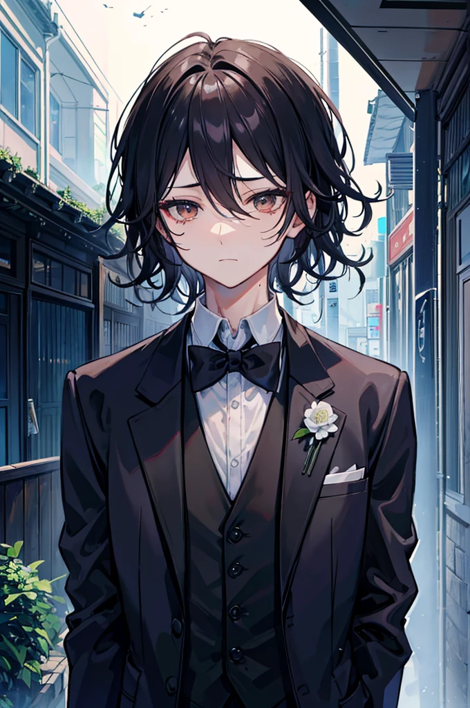 초상화, Face_through_torso, arcanepunk, ((남성)), Gentleman, Black short Seaweed Hair, wavy_hair, hair_between_eyes, brown_eyes, scornful_face, nervous butler, Butler's suit