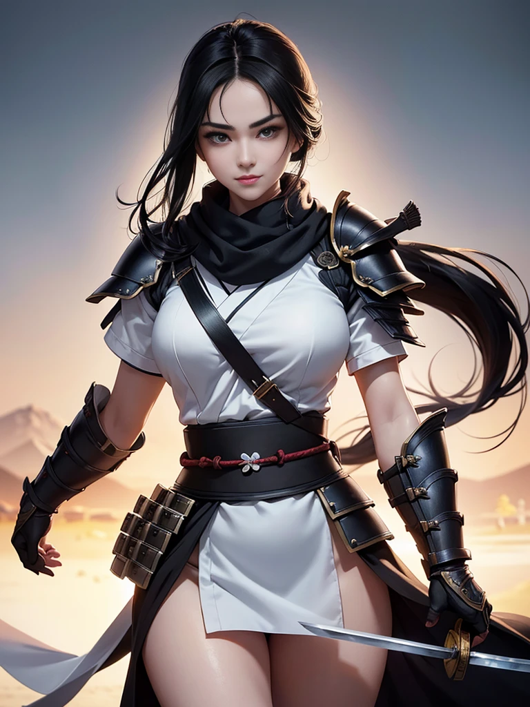 master piece,　best quality,　ultra detailed,　photorealistic,　voluptuous,　1 young girl,　fair skin,　pale skin,　long hair,　black hair,　smile,　mega breasts,　gorgeous bluck kimono,　cowboy shot,　looking up,　white background,　(Japanese SAMURAI Armor：1.4),　(Black armor:1.2)、No exposed skin、(Wearing a long white scarf:1.2)、grasping katana sword, Samurai, fighting stance 、Thick eyebrows、Slit eyes, long bloodstained sword,  disheveled long black hair、A proud, black-haired beauty standing on the battlefield beloved by the God of War.、　A beautiful woman dominates the battlefield with a single sword