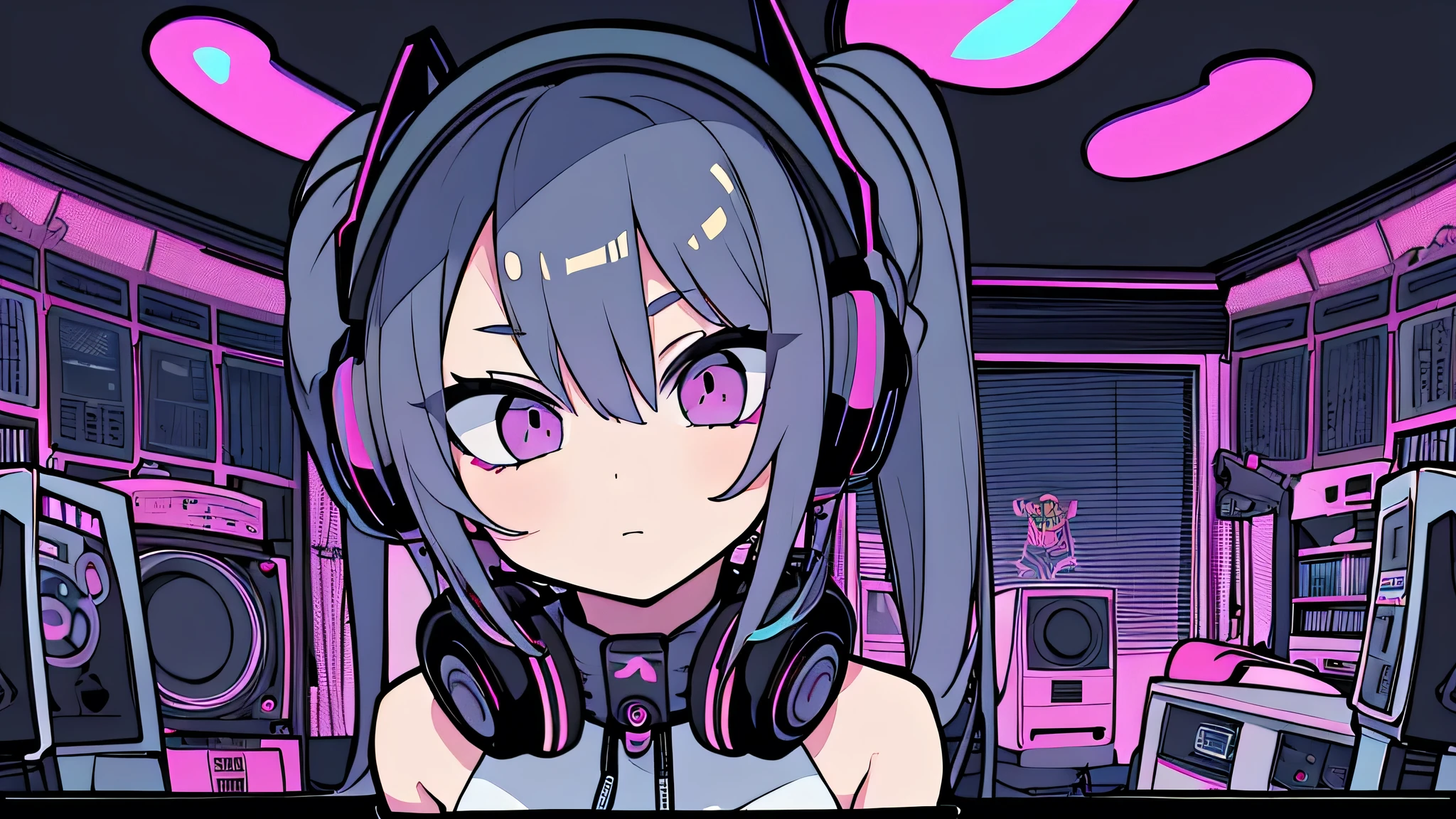 Best quality, (masterpiece), best detail face,1 girl, big breasts, 18 yo, 8k,absurdres,unity 8k wall paper,(extremely detailed:1.3), highest realistic, (retro headphones:), (soft neon light:), (psychedelic), Her room full of music equipment and records, sports wear , See the whole room , dark grey color pallet, pony tail hair