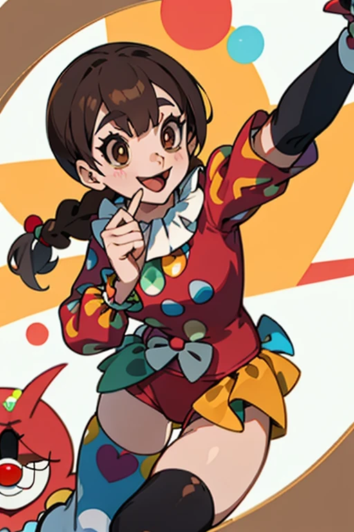 One girl, Crazy clown girl, Laugh hesterically, Sharp big smiling teeth, bomb, In detail, (Highest quality), (Intricate details), Cute Style, , Clown Style, Black high leg swimsuitを着ている、Multicolor, Red curtain and circus background, Fire Hell, ((Long brown hair braided)), Highest quality, ((Long sleeve shirt and shorts)), ((Black high leg swimsuit)), ((Clown Style clothes)), ((Thigh-high socks)), ((Round eyes)), ((Wearing clown make-up)), Beautiful Face, Happy, Cute Face, pin up, Perfect Face, Portrait with a simple background