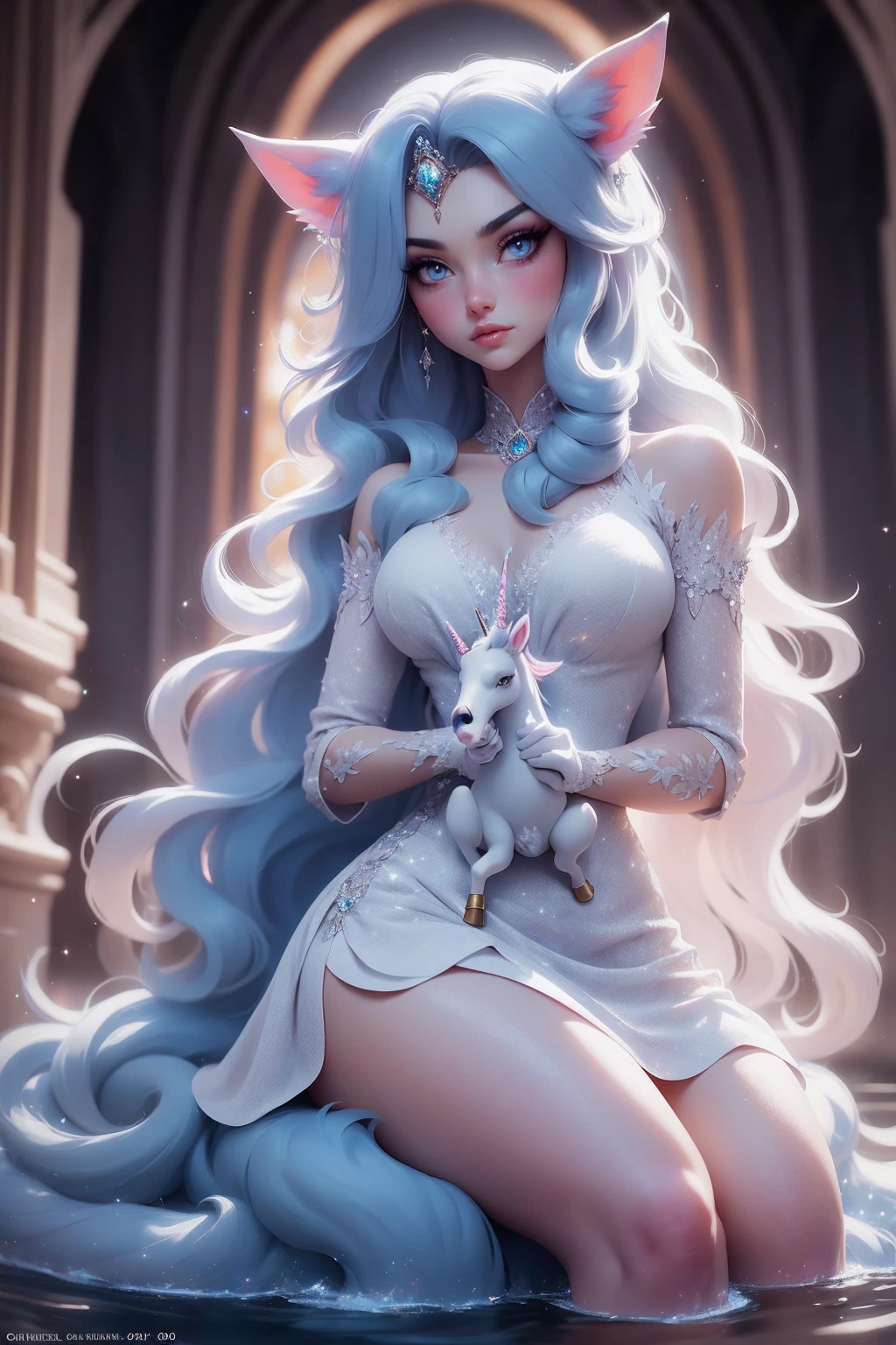 {-erro_de_anatomia:1.0} There is a white unicorn girl, blue mane and long mane, white unicorn, unicorn, unicorn horns, A unicorn, celestia, Nine stories, blue unicorn, soft dreamy, cinematic light《fangs》Unicorn in, mythological creatures, a mythical creature, Pokémon illustration, unicorns, a glaceon princess, white dress, opal eyes. Auroracore, ghostly iridescent, image good for rendering, sitting on the water. unicorn girl, full body, holding a crystal unicorn