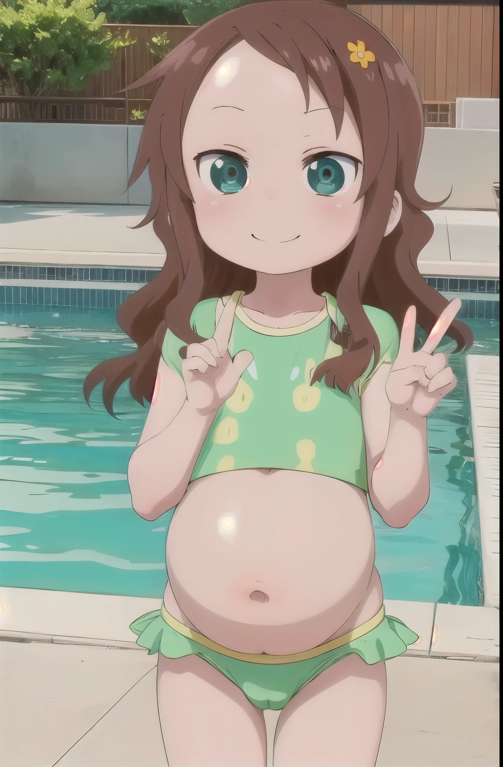 ,cute,(looking at viewer:1.0), details sky,handsome,((masterpiece:1.4,best quality)),multiple details,eyeshadow,sfw, (medium shot:1.5), gradiant eyes, hazel eyes, standing, stand, pool stand in pool,
riko, long hair, brown hair, green swimsuit, hair flower, green eyes, anime swimsuit, anime screencap, hyper-pregnant, wink the eye, smile, pregnant belly, Peace_sign, green swimsuit.