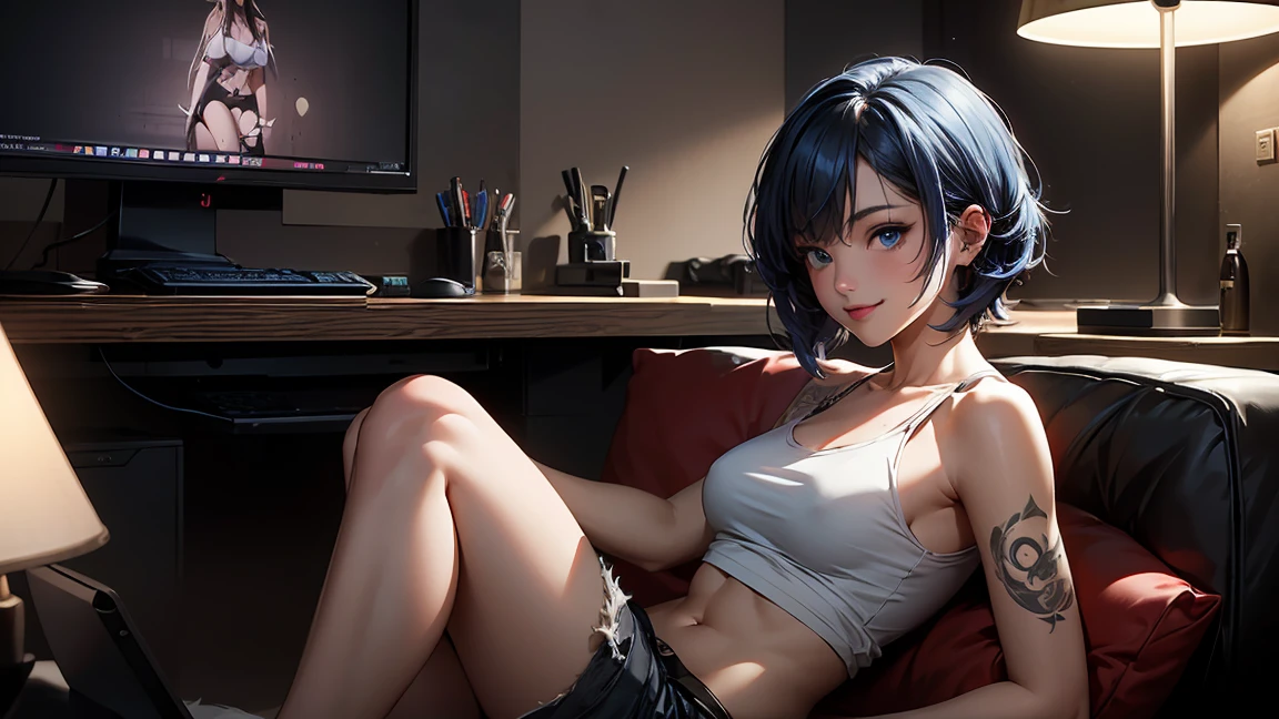 Create a high-quality, detailed image of a beautiful, sexy anime lofi girl with short, punk-like hair, bright blue eyes, and a smile, sitting at her gaming PC in a cozy lounge. She has tattoos and wears a tank top and shorts, showing her shoulder and midriff, highlighting her stunning curves and toned body. The warm, inviting scene includes soft ambient lighting, comfortable seating, and a high-end PC setup with multiple monitors and RGB lighting. The setting is illuminated by a small lamp, creating a serene and intimate atmosphere (HIGH QUALITY)