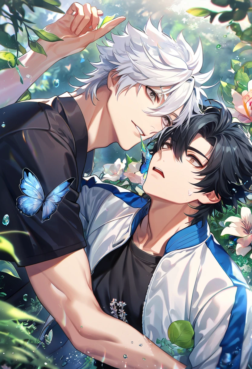 absurdres, highres, ultra detailed, HDR, master piece, best quality, extremely detailed face, delicated features, Lù Guāng, white hair, fluffy hair, spiked hair, short hair, expressive gray eyes, Shíguāng Dàilǐrén, Cheng Xiaoshi, black hair, hir between the eyes, expressive brown eyes, two sexy men together, yaoi, gay couple, handsome, white coat, black T-shirt, steel blue letterman jacket, fantasy, magical, butterflies, summer, green leaves, flowers, water