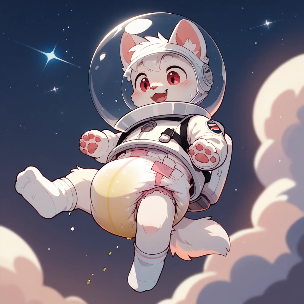 furry，A cute white cat boy，White hair，Red pupil，Wearing cute diapers，Short white socks，White spacesuit，Transparent Helmet，Floating in the air，night，Dark space station，Wet diaper，Urine soaked thighs，protrait photo，HD
