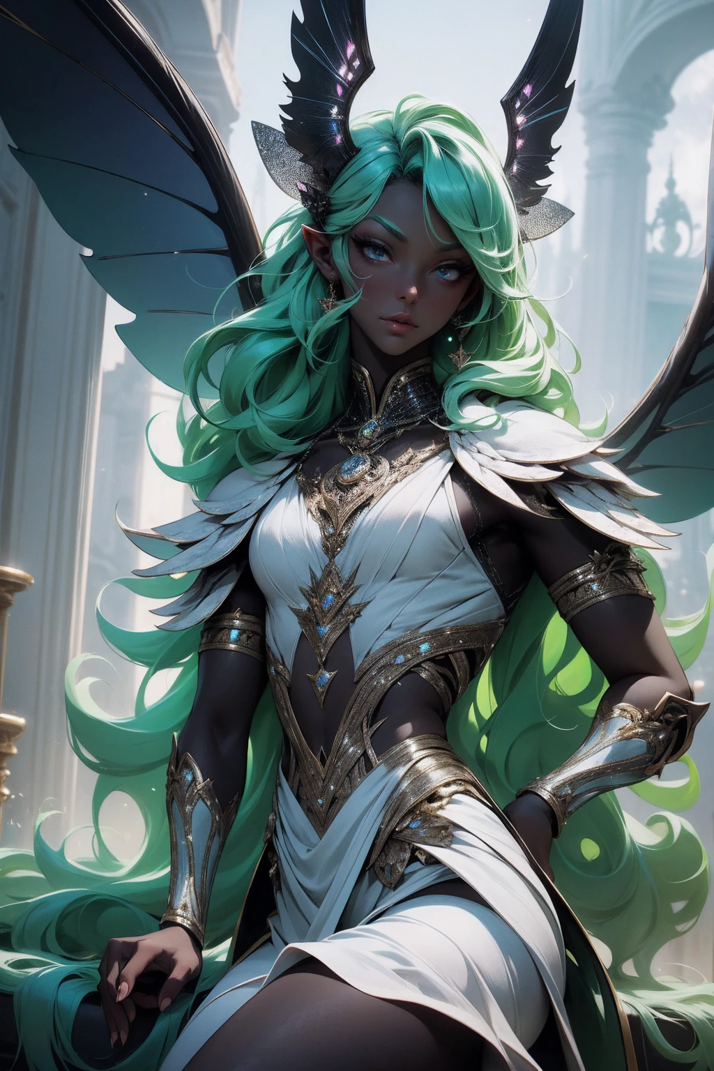 (Absurd, high quality, ultra -compared, careful with the hand) fairy, fairy wings, dreamer body, vivid, romantic and all. Optimistic face, just lies, without entry and intellectual. Reckless style, cold heart, impatient and too confident. Gray eyes, ripe and dark (eyes of the eyes), enchanted fairy (pixie) . Wearing white clothes, medium curly hair, green hair. In the carnival row illustration, flying, dancing lithgly, Whole body, black skin (black skin)
