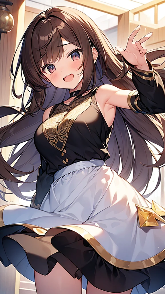 (Masterpiece, Top quality: 1.5), (1 girl, solo), large breasts, standard weight, (brown hair:1.3), (airy hair, wavy hair), long hair ,asymmetry bangs, swept bangs, 12 year old, smile:1.4, flustered:1.1, (dynamic angle, dynamic pose:1.3), magnificent panorama view, happy:1.2, open mouth, summer:1.3,  __items__ __items__ __items__, clothes with many gorgeous and colorful decorations, Various Situations