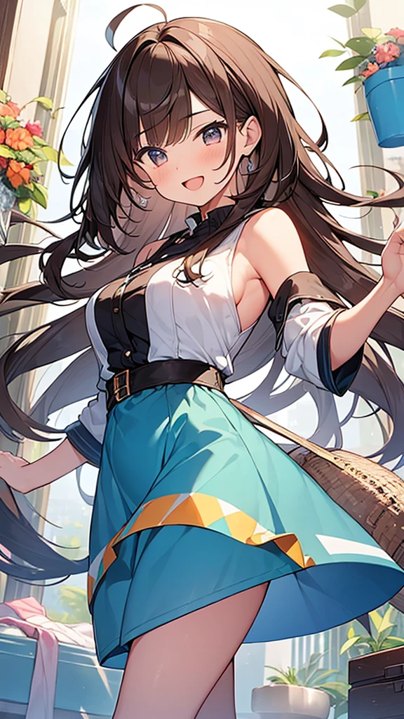 (Masterpiece, Top quality: 1.5), (1 girl, solo), large breasts, standard weight, (brown hair:1.3), (airy hair, wavy hair), long hair ,asymmetry bangs, swept bangs, 12 year old, smile:1.4, flustered:1.1, (dynamic angle, dynamic pose:1.3), magnificent panorama view, happy:1.2, open mouth, summer:1.3, __items__ __items__ __items__, clothes with many gorgeous and colorful decorations, Various Situations