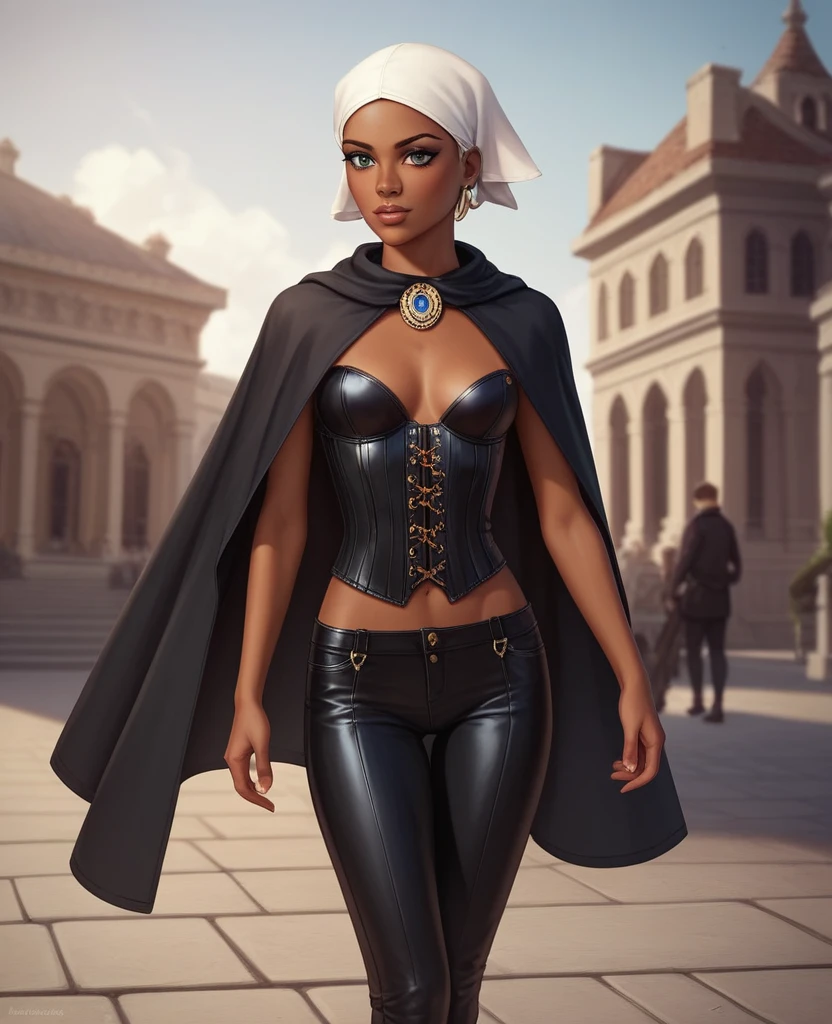((best quality)), ((masterpiece)), (detailed), 1girl, mixed race girl, African American + Caucasian girl with lighter skin, young woman, pretty, skinny, white hair, modern western attire, dark cloak, wearing casual clothes underneath cloak, black pants, 2024 style corset top (modern look, no shirt underneath), modest, head scarf