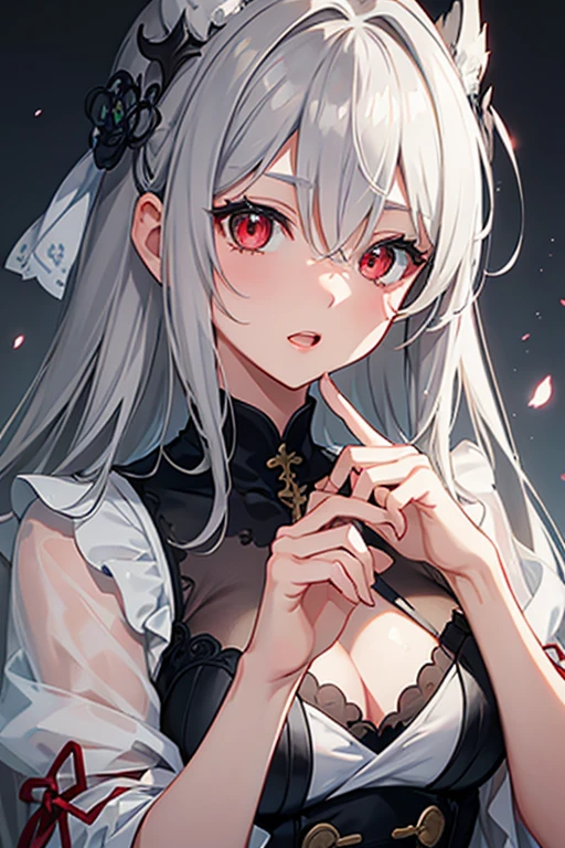 High resolution, detail, 高いdetail, Shortcuts, Gray Hair, Grey Hair, Silver Hair, Exposed breasts、Open your mouth, Red eyes, Multiview, accessories, Illustration, Anime Style, girl、Overall image、