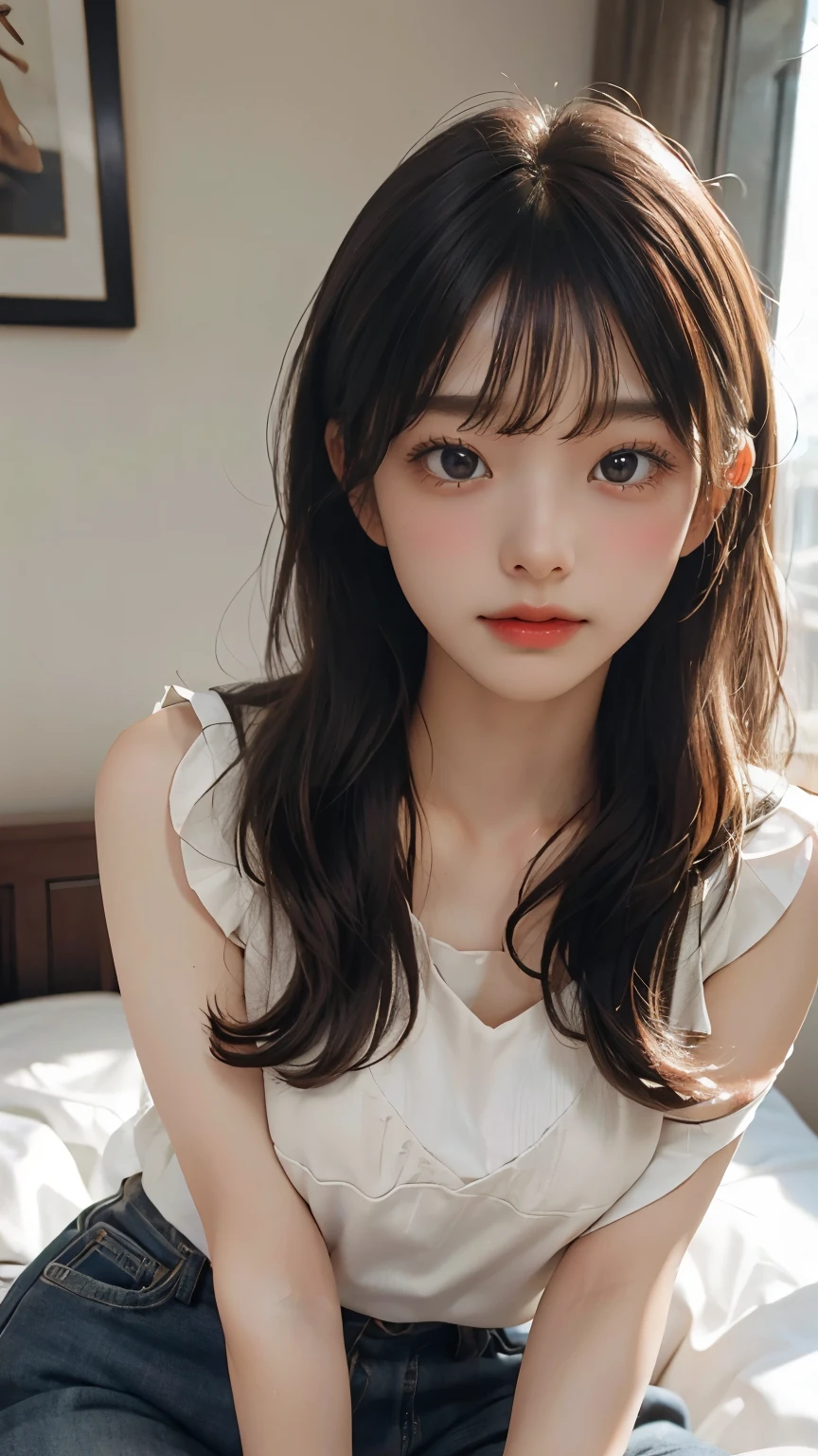 Best quality,Realistic,Masterpiece,detailed,high-resolution,Girl,flat chest,in my bed,opened mouth
