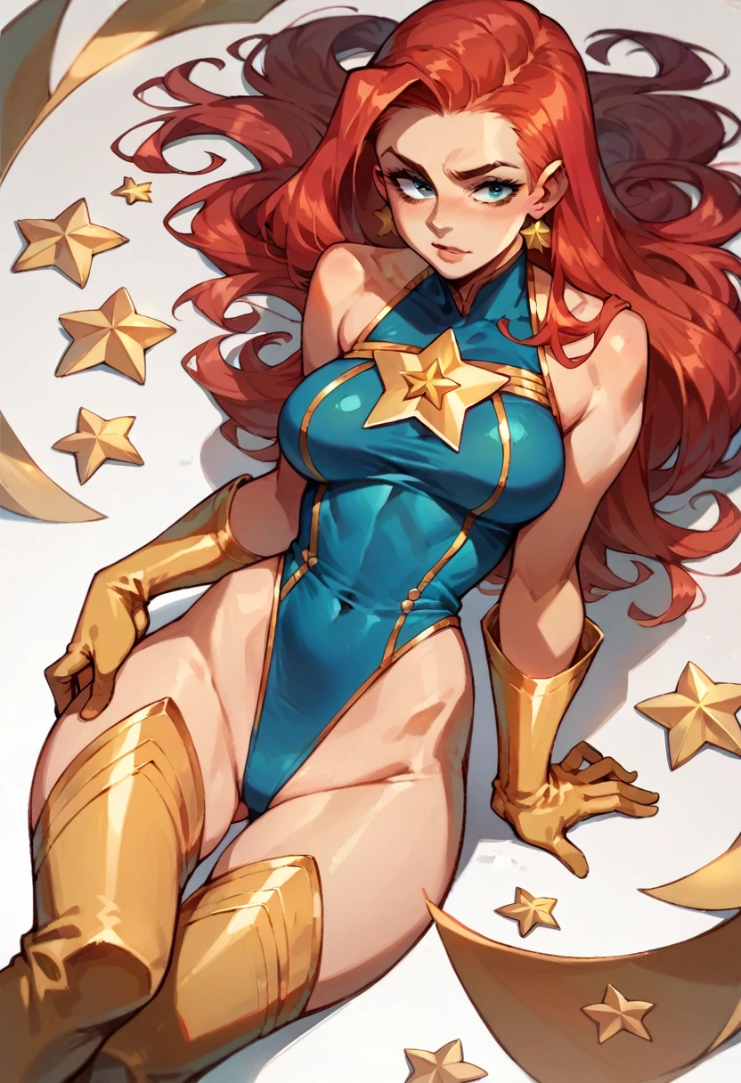 masterpiece, Sexy, Superheroine, Red hair, long hair, busty, ((blue highleg leotard with a t-back thong and a gold star insignia on chest)), gold boots, gold gloves,