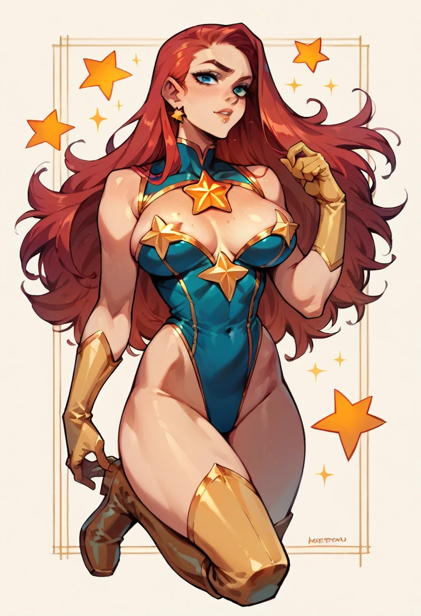 masterpiece, Sexy, Superheroine, Red hair, long hair, busty, ((blue highleg leotard with a t-back thong and a gold star insignia on chest)), gold boots, gold gloves,