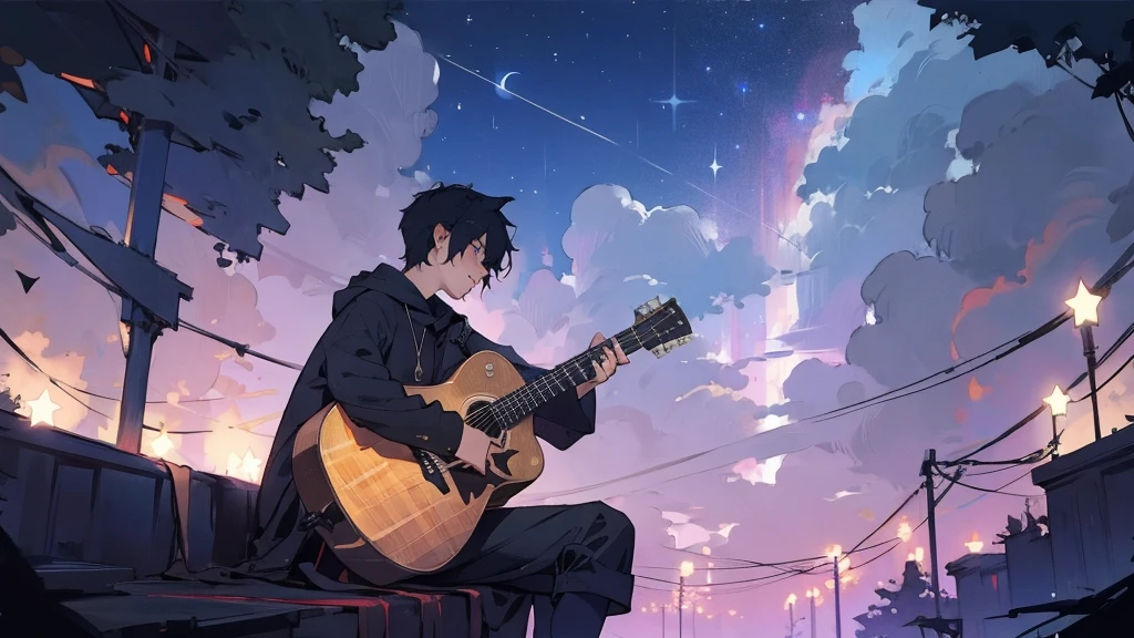 masterpiece,night,(dark alley),star、Night Sky、milky way、octone、
(1 Male), (solo), Knee hugging sitting,acousticguitar