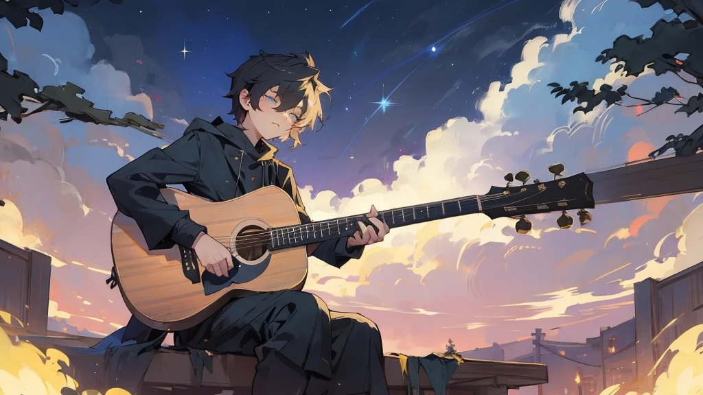 masterpiece,night,(dark alley),star、Night Sky、milky way、octone、
(1 Male), (solo), Knee hugging sitting，acousticguitar