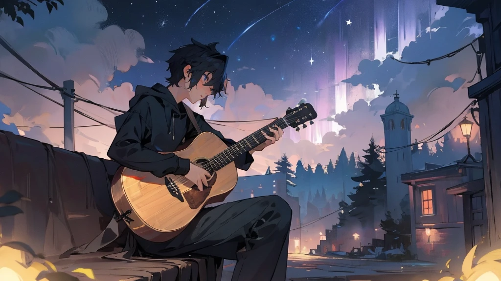 masterpiece,night,(dark alley),star、Night Sky、milky way、octone、
(1 Male), (solo), Knee hugging sitting，acousticguitar