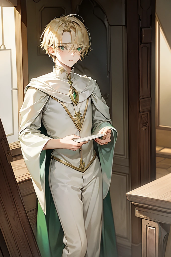 medieval fantasy, (1boy), delicate and slight young male diviner, short, ************, boyish charm, youthful appearance, ethereal grace, pale skin, large expressive green eyes, look of vulnerability and curiosity, sandy blonde hair, hair over eyes, shy, nervous, timid, simple yet elegant wizard clothes of soft blues and greens