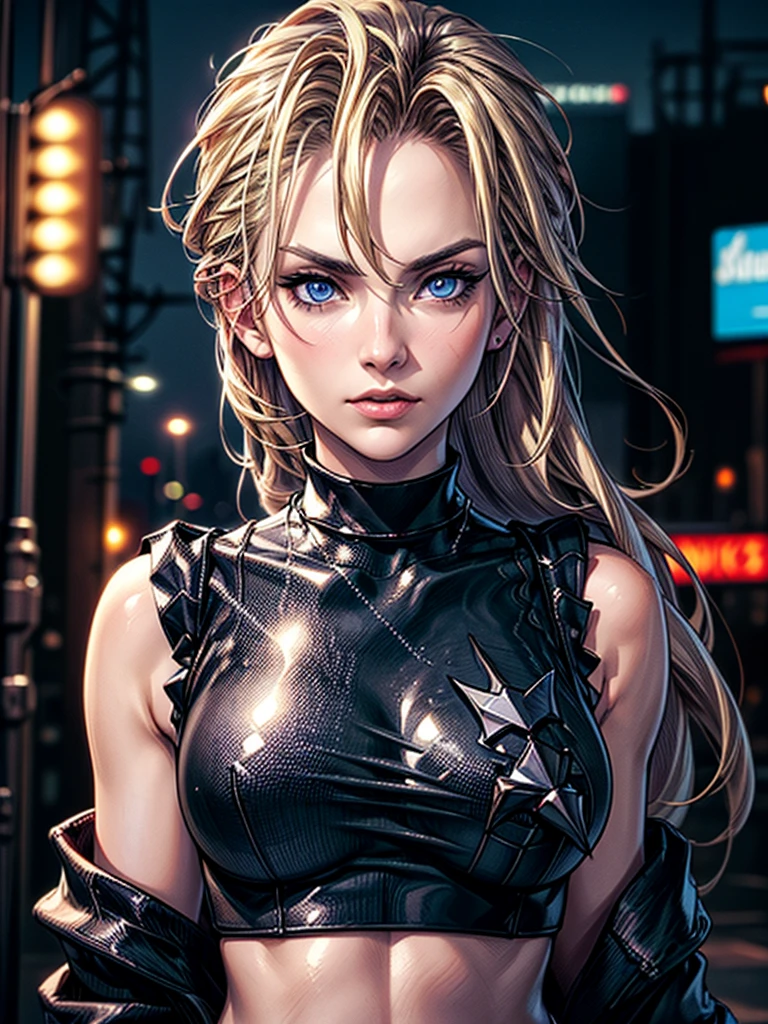 masterpiece, highest quality, (solo focus), (perfect face:1.1), (high detail:1.1), 1girl, DimitriPre, Paine, blonde hair, ((long hair)), blue eyes, ((Black sleeveless high neck knit sweater dress)), bellybutton visible through clothes, detailed background, loft, neon cityscape, cyberpunk, cinematic lighting