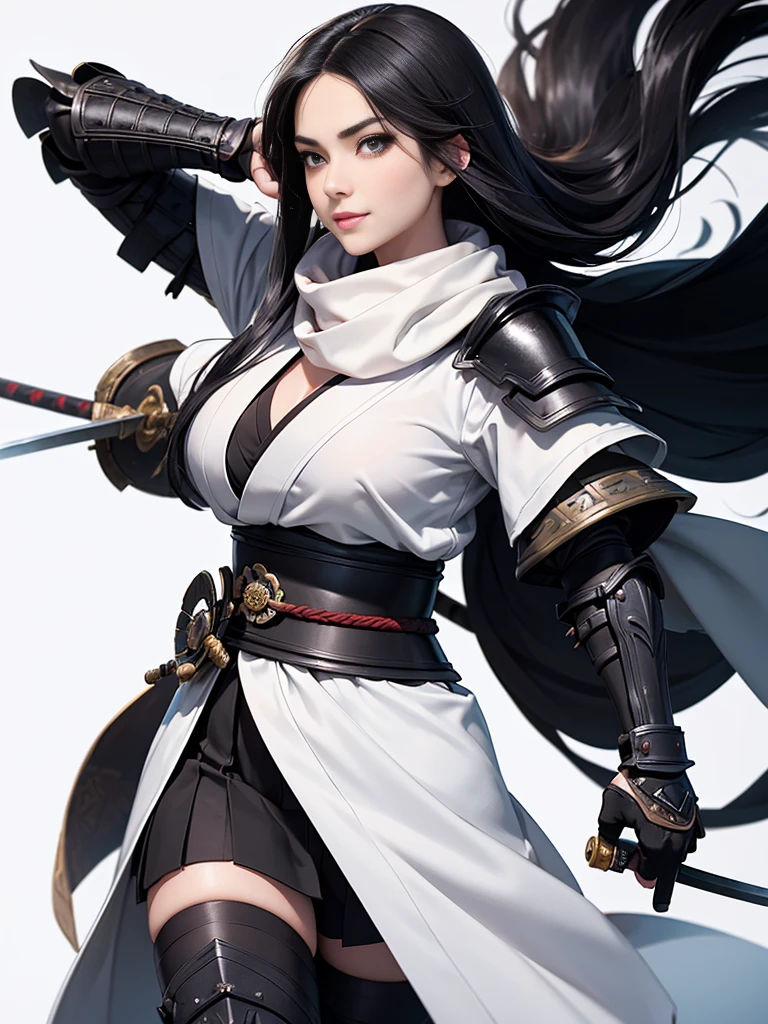 master piece,　best quality,　ultra detailed,　photorealistic,　voluptuous,　****ung girl,　fair skin,　pale skin,　long hair,　black hair,　smile,　mega breasts,　gorgeous bluck kimono,　cowboy shot,　looking up,　white background,　(Japanese SAMURAI Armor：1.4),　(Black armor:1.2)、No exposed skin、(Wearing a long white scarf:1.2)、grasping katana sword, Samurai, fighting stance 、Thick eyebrows、Slit eyes, long bloodstained sword,  disheveled long black hair、A proud, black-haired beauty standing on the battlefield beloved by the God of War.、　A beautiful woman dominates the battlefield with a single sword