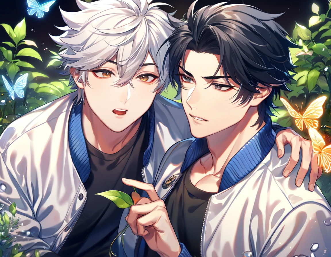 absurdres, highres, ultra detailed, HDR, master piece, best quality, extremely detailed face, delicated features, Lù Guāng, white hair, fluffy hair, spiked hair, short hair, expressive gray eyes, Shíguāng Dàilǐrén, Cheng Xiaoshi, black hair, hir between the eyes, expressive brown eyes, two sexy men together, yaoi, gay couple, handsome, white coat, black T-shirt, steel blue letterman jacket, fantasy, magical, butterflies, summer, green leaves, flowers, water
