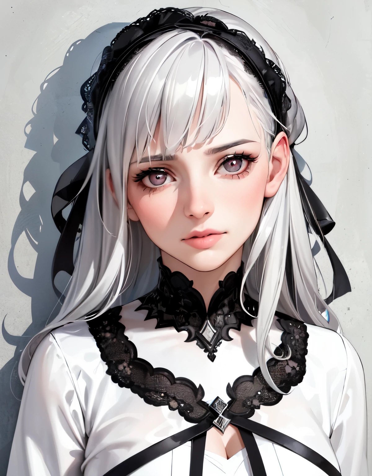 (Highest quality,Realistic:1.37),(High resolution,Very detailed),(Portraiture:1.1),girl,garden,,Gray Hair,Black Hair,Multi-coloured hair,Iris,x-shaped pupils,White Dress,Emphasis on face